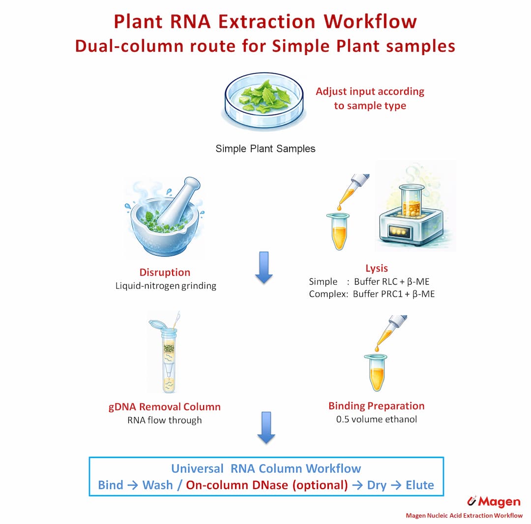 Dual-column plant RNA extraction workflow for simple plant samples showing liquid-nitrogen grinding, RLC or PRC1 lysis, gDNA removal column, ethanol binding preparation and universal column purification. Dual-column plant RNA extraction workflow for simple plant samples showing liquid-nitrogen grinding, RLC or PRC1 lysis, gDNA removal column, ethanol binding preparation and universal column purification.